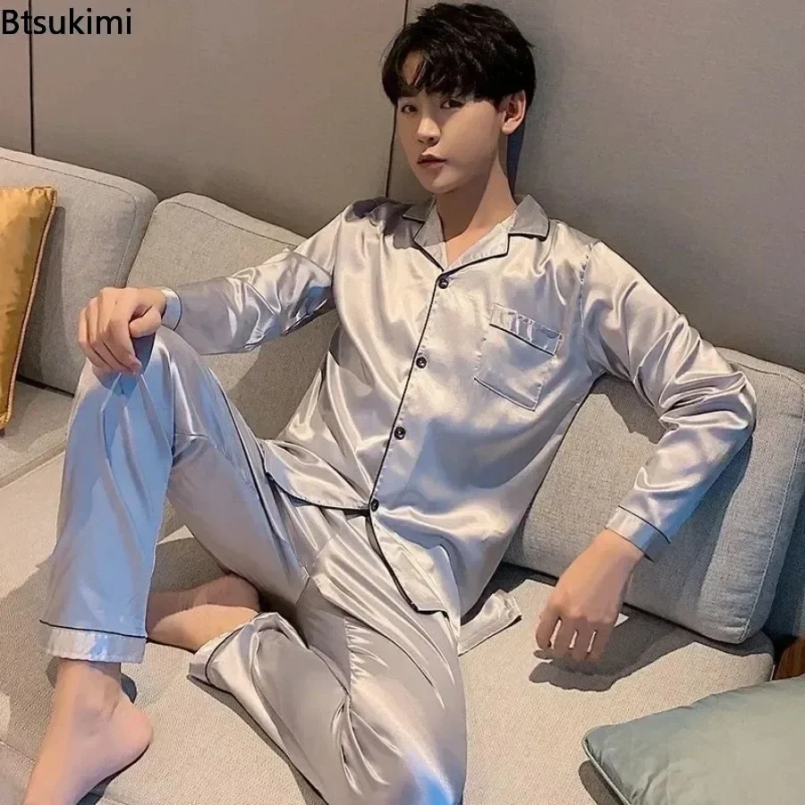 Men's Casual Pajamas Sets Oversized Silk Mens Pajama Pants Sets Satin Long Sleeve Sleepwear Home Pijama Night Wear Loungewear pajamas set silk pajamas man pajamas set satin pajama set