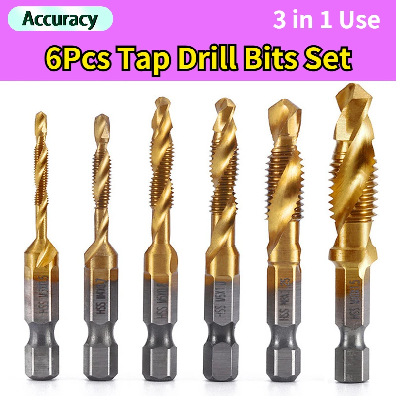 3 in 1 Use M3-M10 6Pcs Tap Drill Bits Set Hex Shank Machine Hand Taps Titanium Coated HSS Drilling Tap Bits Thread Screw Tools