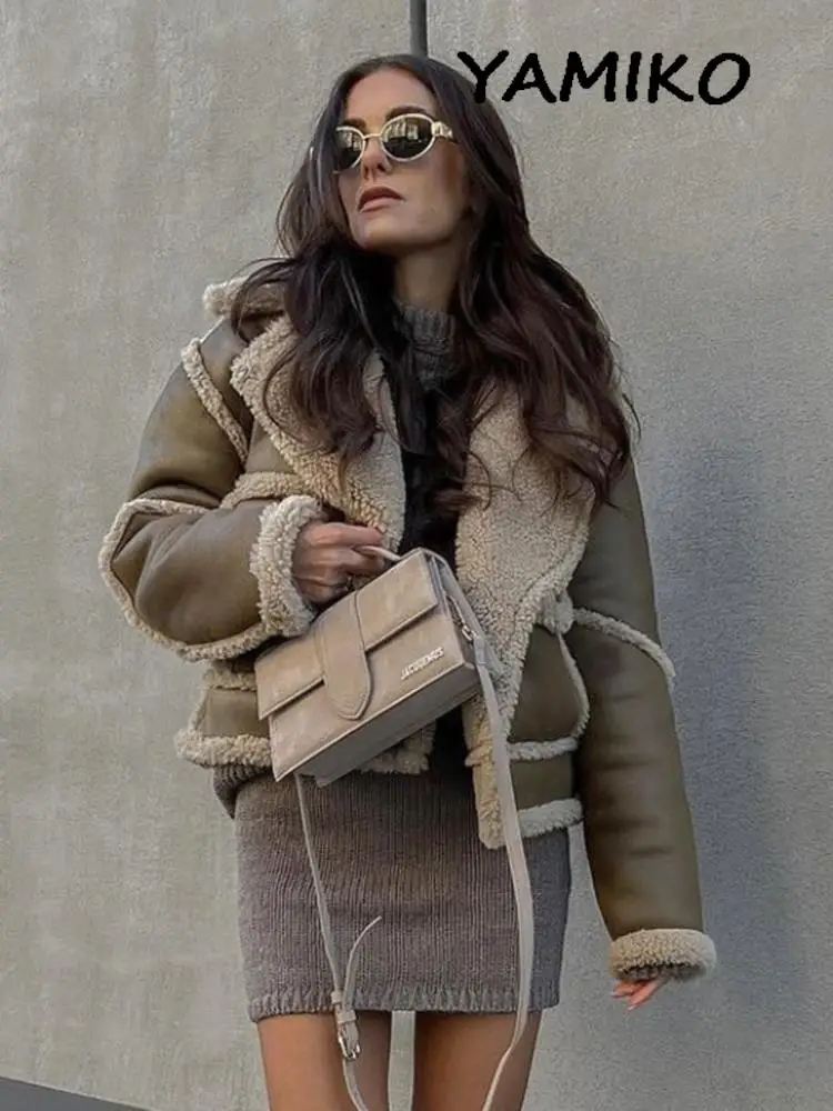 

Faux Shearling Jackets For Women Lapel Collar Long Sleeves With Flap Pockets Front Metal Hook Coat Streetwear 2023 Winter Coats