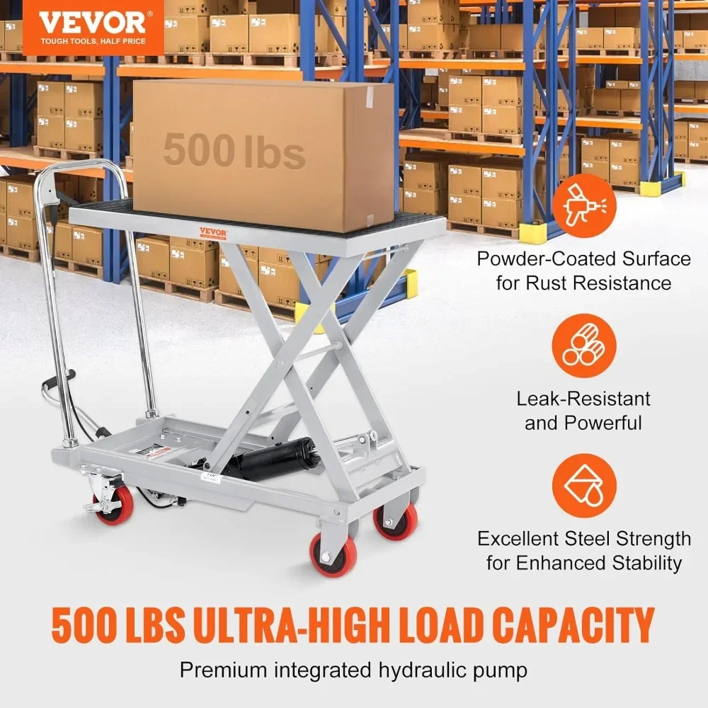 Hydraulic Lift Table Cart 500lbs Capacity 28.5" Lifting Height Manual Single Scissor Lift Table with 4 Wheels and Non-Slip Pad 2