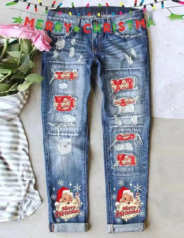 Fashion Women Casual Loose High Waist Pocket Design Oversize Merry Christmas Santa Claus Snowflake Print Ripped Jeans Streetwear