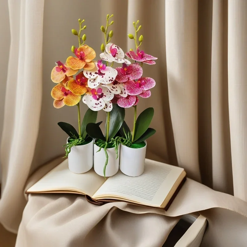 4 نباتات أوركيد مقلدة بالزهور مناسبة لغرفة النوم والمكتب وحفلات الزفاف ونباتات بونساي بما في ذلك الأواني