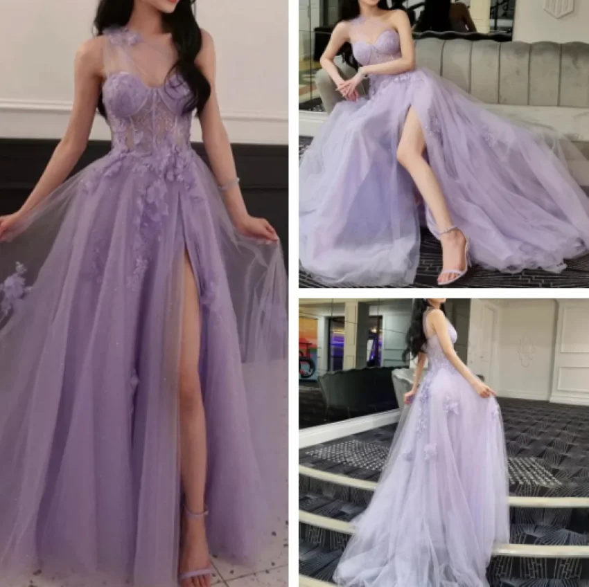 

Othray Celebrity Prom Dress Lilac One Shoulder Split Long Evening Dresses 2023 Flower Graduation School Formal Party Gown