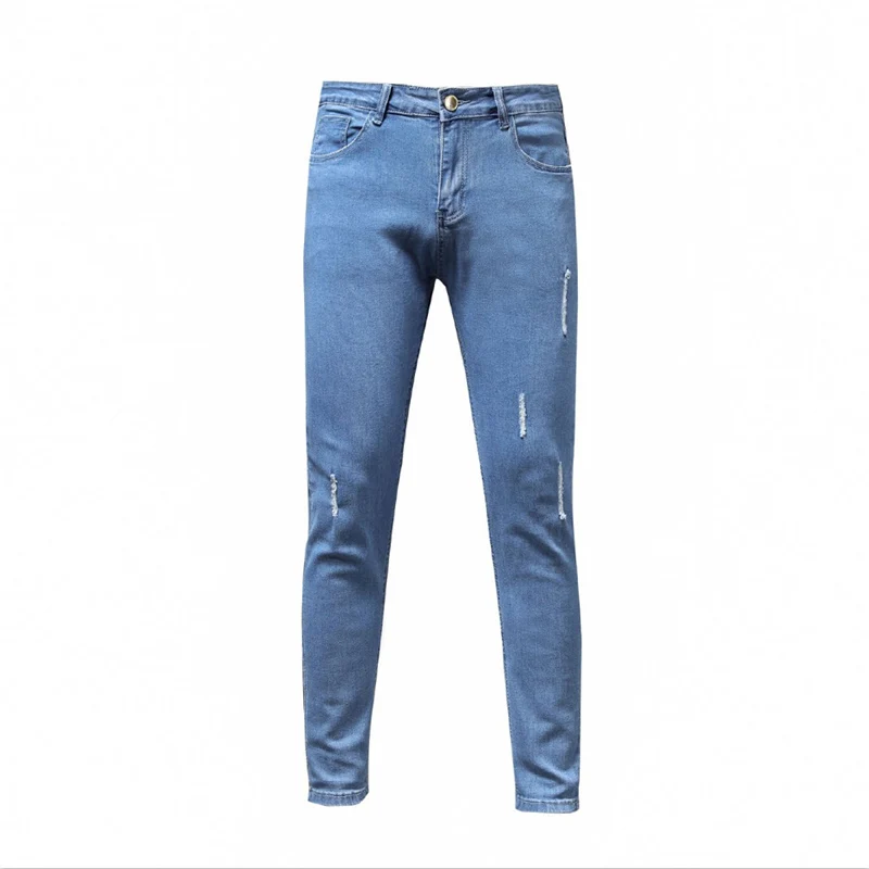 Men Cotton Stretchy Leisure Time Jeans Ripped Skinny Youth Jeans High Quality Hip Hop Slim Fit Denim Pants Blue