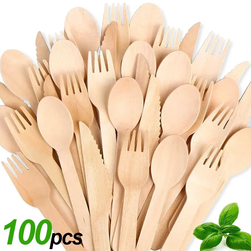 100pcs Disposable Wooden Cutlery Kitchen Utensils Knife Fork Spoon Tableware for Cake Desserts Wedding Birthday Party Supplies