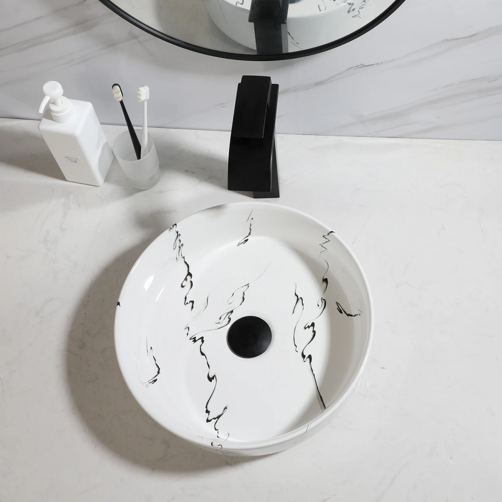 ZAPPO Bathroom Vessel Sink 14 Inch Above Counter Ceramic Vessel Sink with Faucet and Drain Combo Marbling Bathroom Sinks Round 3