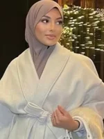 Fur Patchwork Woolen Coat Women Elegant Full Sleeve V-neck Lace Up Loose Longwarm Overcoat Fashion Winter Commute Outwear 4