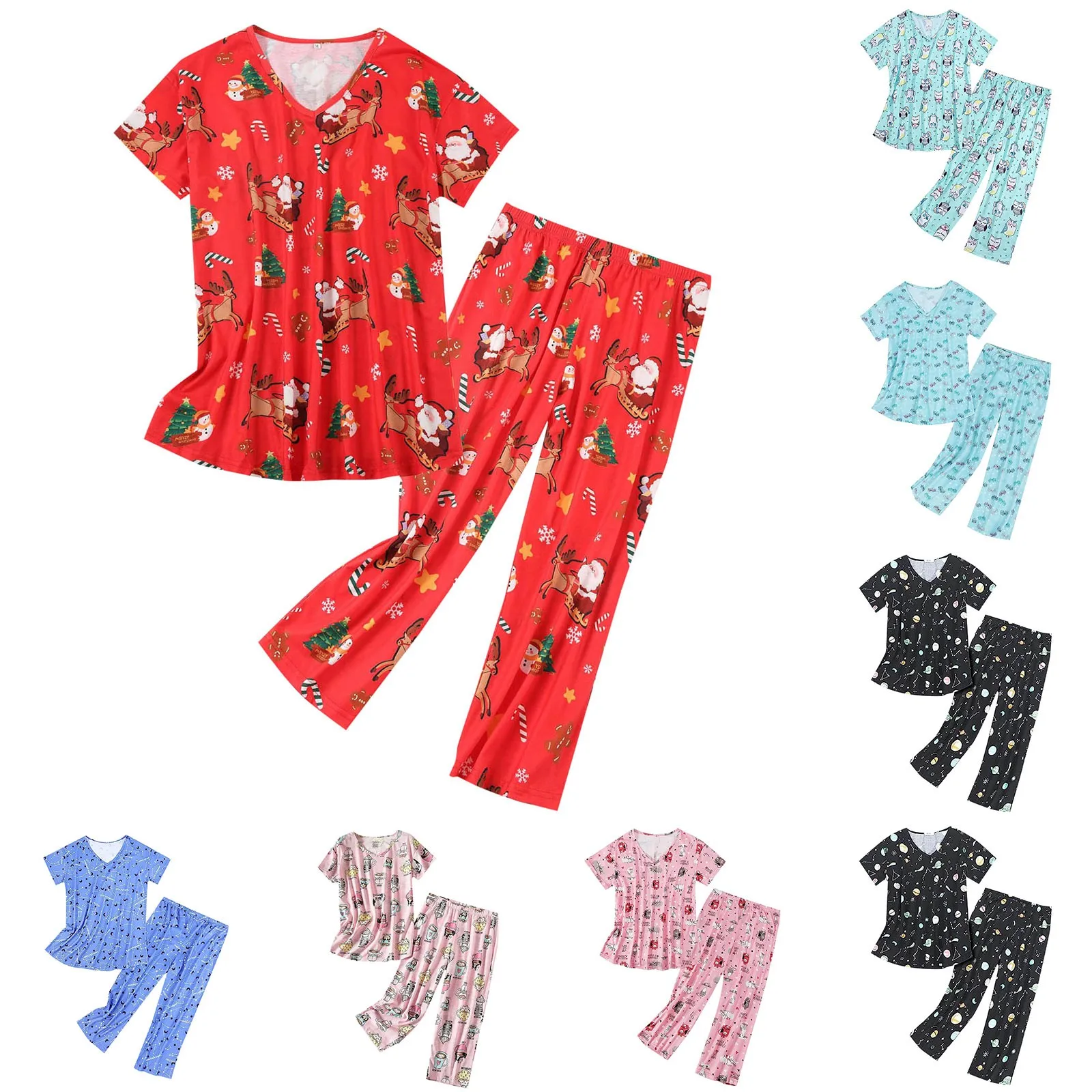 

Women Pajama Set Sleepwear Tops With Capri Pants Casual And Fun Prints Pajama Sets