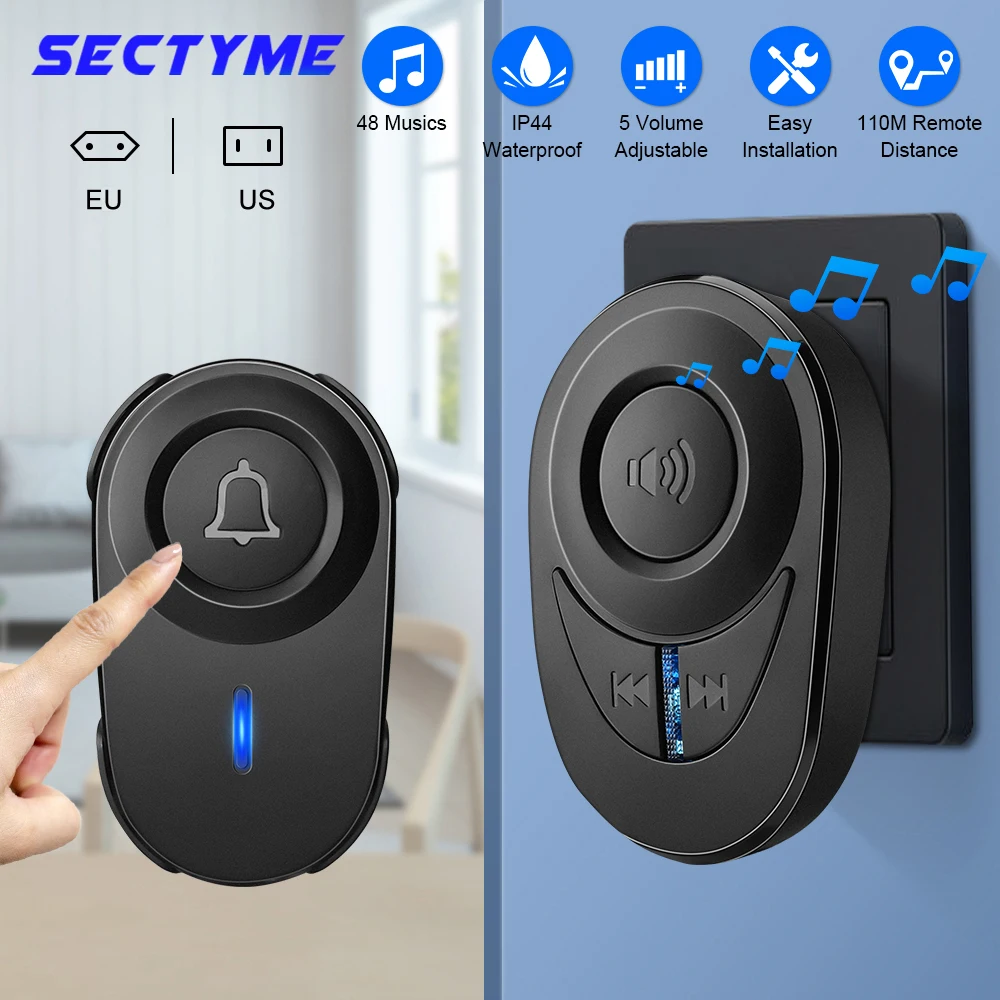 Sectyme Intellige Wireless Doorbell Outdoor Waterproof Smart Home Door Bell EU Plug 48 Chords LED Flash Home Security Alarm