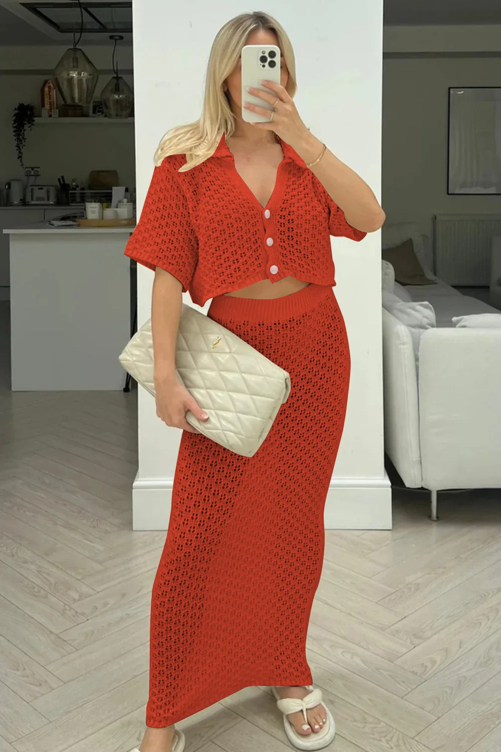 Knit Hollow Out 2 Piece-Set Long Skirt Women's Cropped Top Cardigan And High Waist Maxi Skirt Outfits Female Clothes