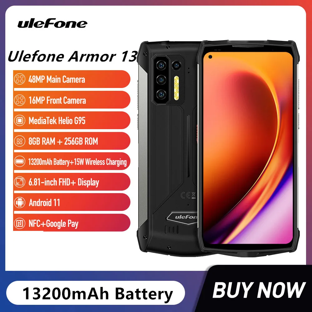 Ulefone Power Armor 13 Waterproof Rugged Smartphones 8GB+256GB 6.81Inch Display 48MP Camera 13200mAh Large Battery Mobile Phone