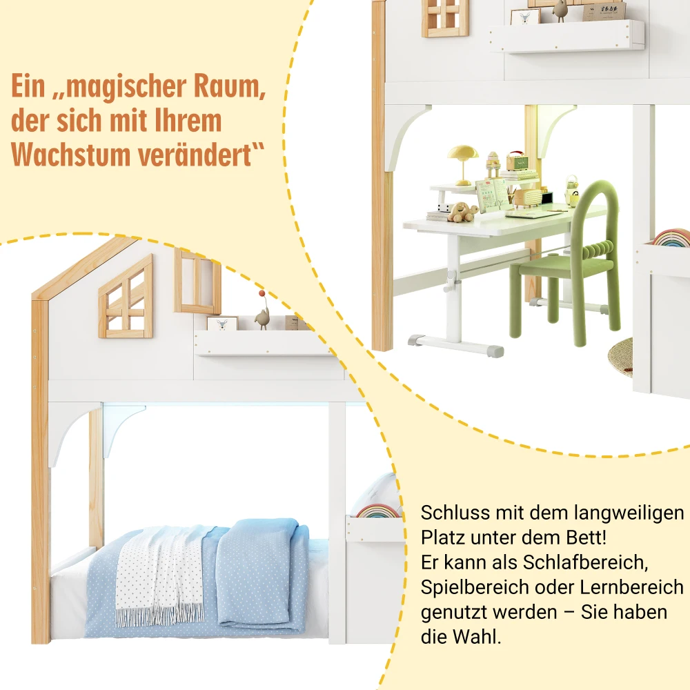 Nordisches 90x200cm Etagenbett in Fensterform mit LED-Beleuchtung & Stauraum-Treppe für Kinder – Fotomöbel – Detail 6