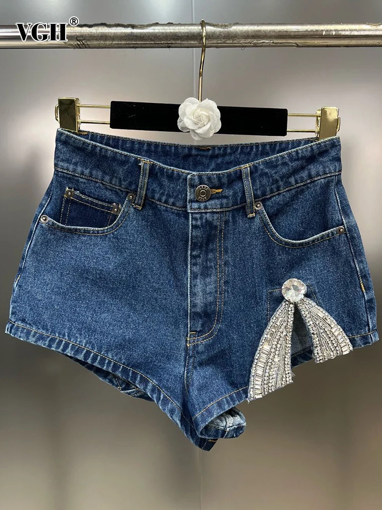 

VGH Patchwork Diamonds Solid Casual Denim Shorts For Women High Waist Spliced Pockets Slimming Short Pants Female Fashion New
