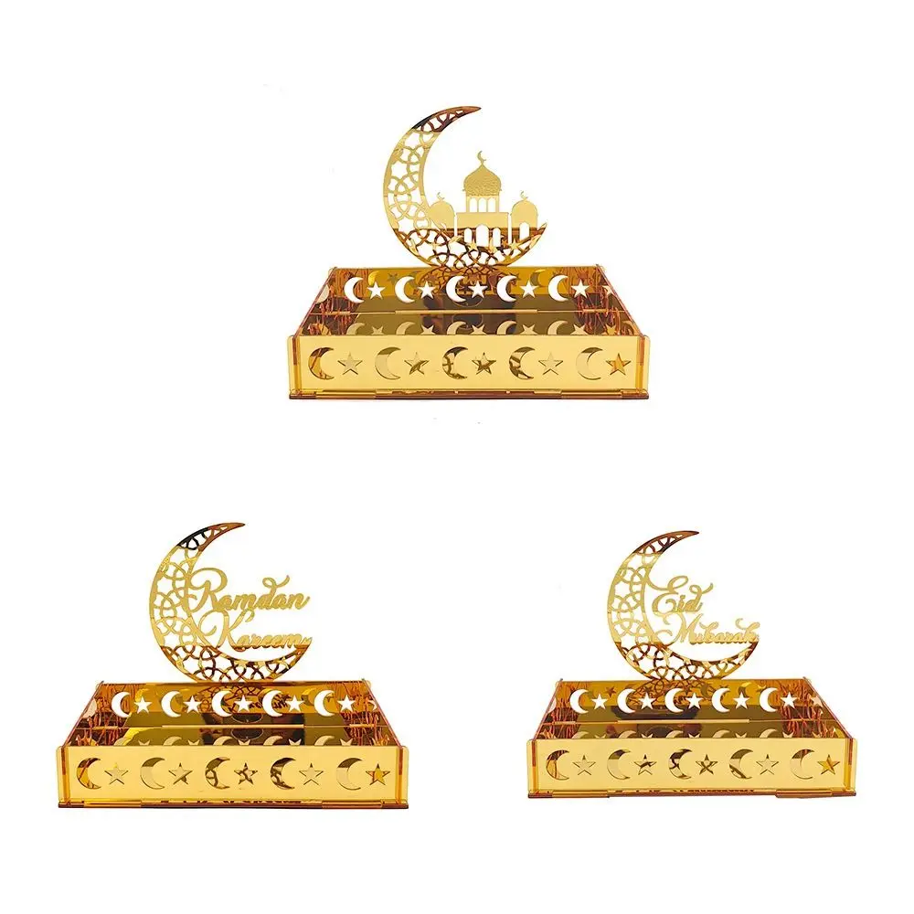 

Acrylic Eid Mubarak Dessert Tray New Islamic Muslim Gold Ramadan Moon Star Plate Ramadan Kareem Decoration