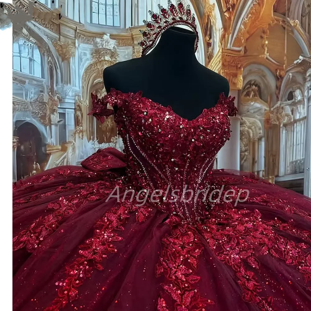 ANGELSBRIDEP Luxury Burgundy Ball Gown Quinceanera Dresses 3D Flower Beading Vestidos De 15 Anos Formal Party