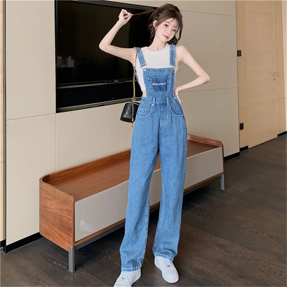 

Blue Jumpsuits Women Suspenders Jeans Shorts Pocket Letters Sleeveless Rompers Korea Lady 2023 Summer Overalls Trousers