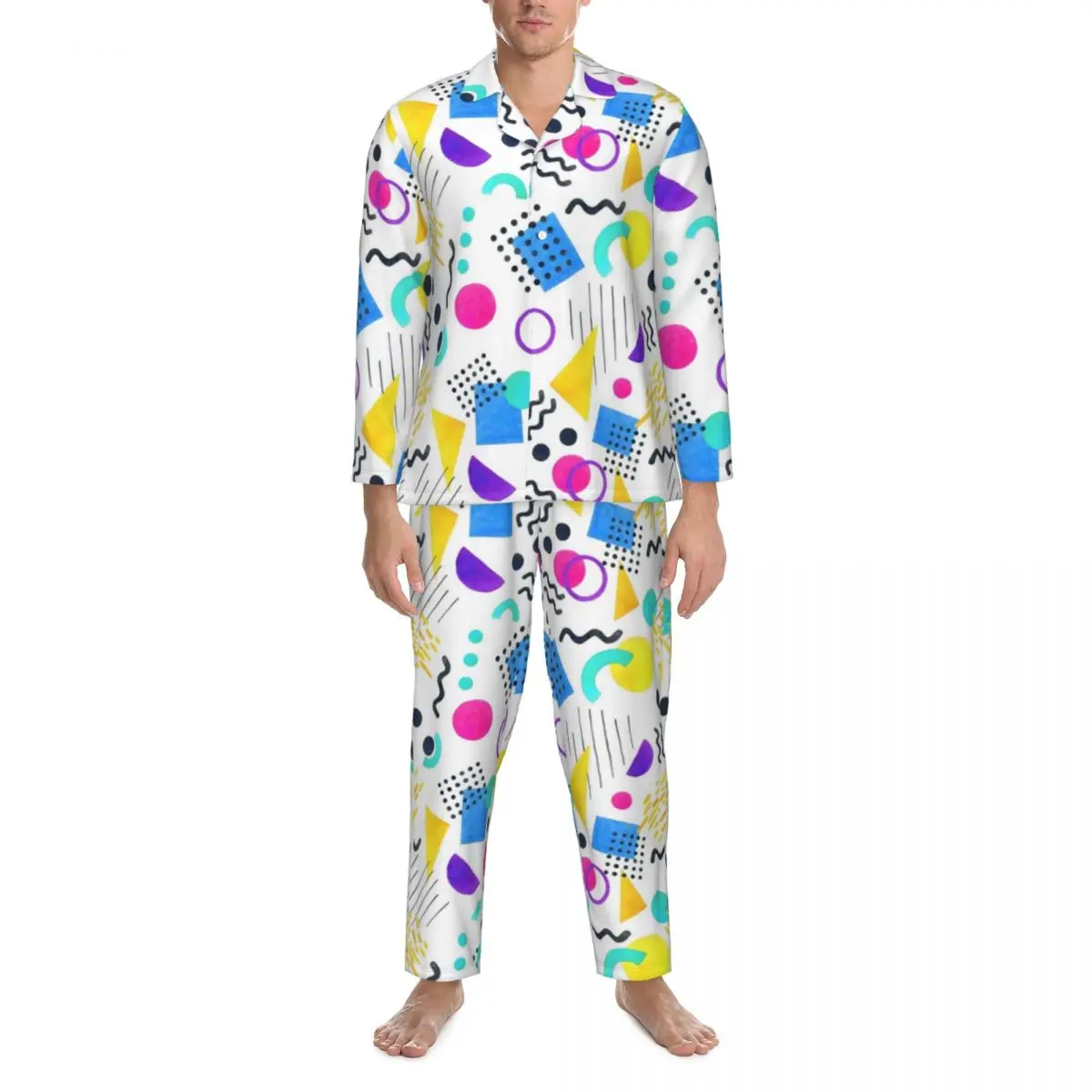 

Pajamas Men Memphis Style Night Sleepwear Geometric Shape 2 Piece Casual Pajamas Set Long Sleeves Kawaii Oversized Home Suit