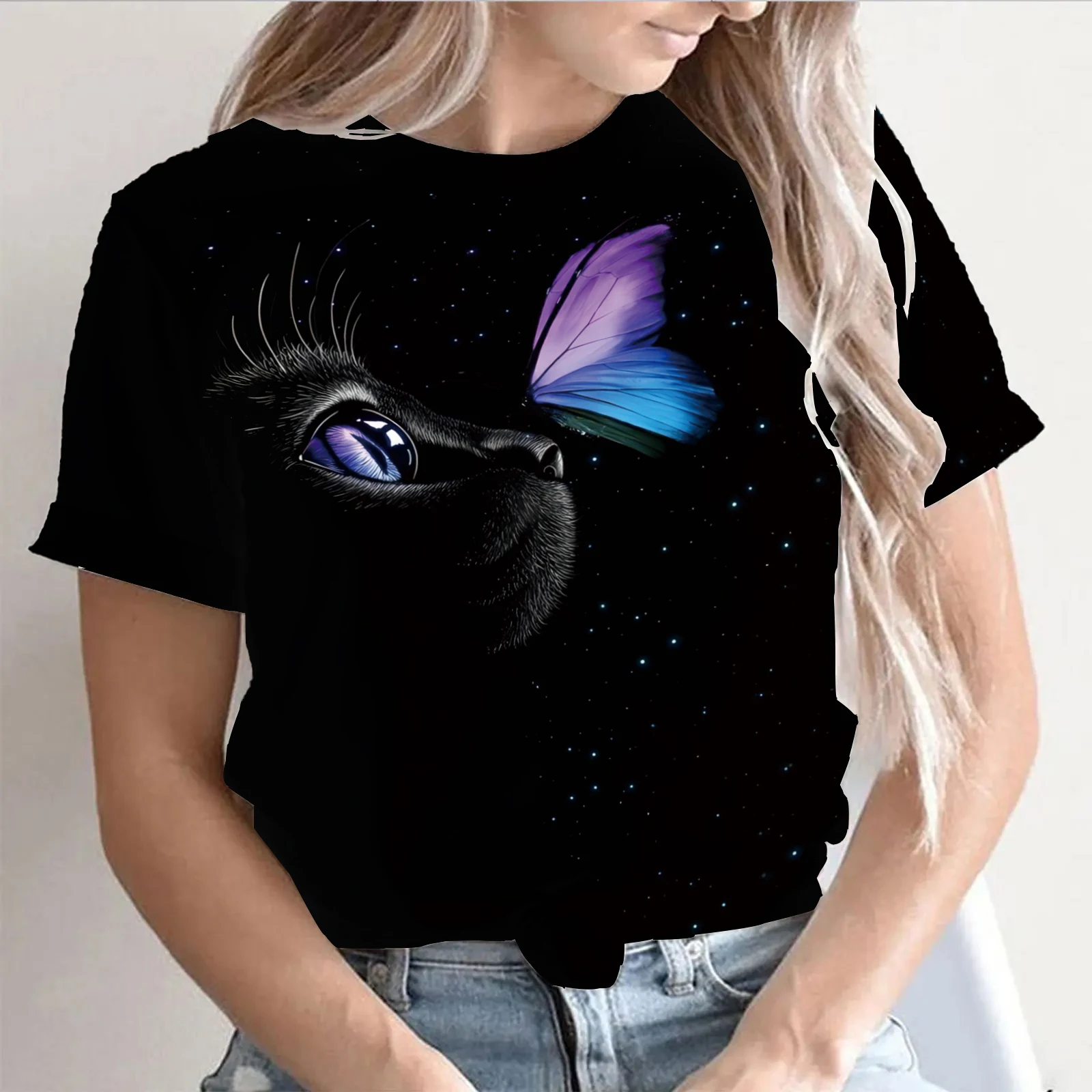 

Summer Women's T Shirt Cat Print Casual Short Sleeve 3d T Shirts Fashion Streetwear Crew Neck Pullover Oversized Female Clothing
