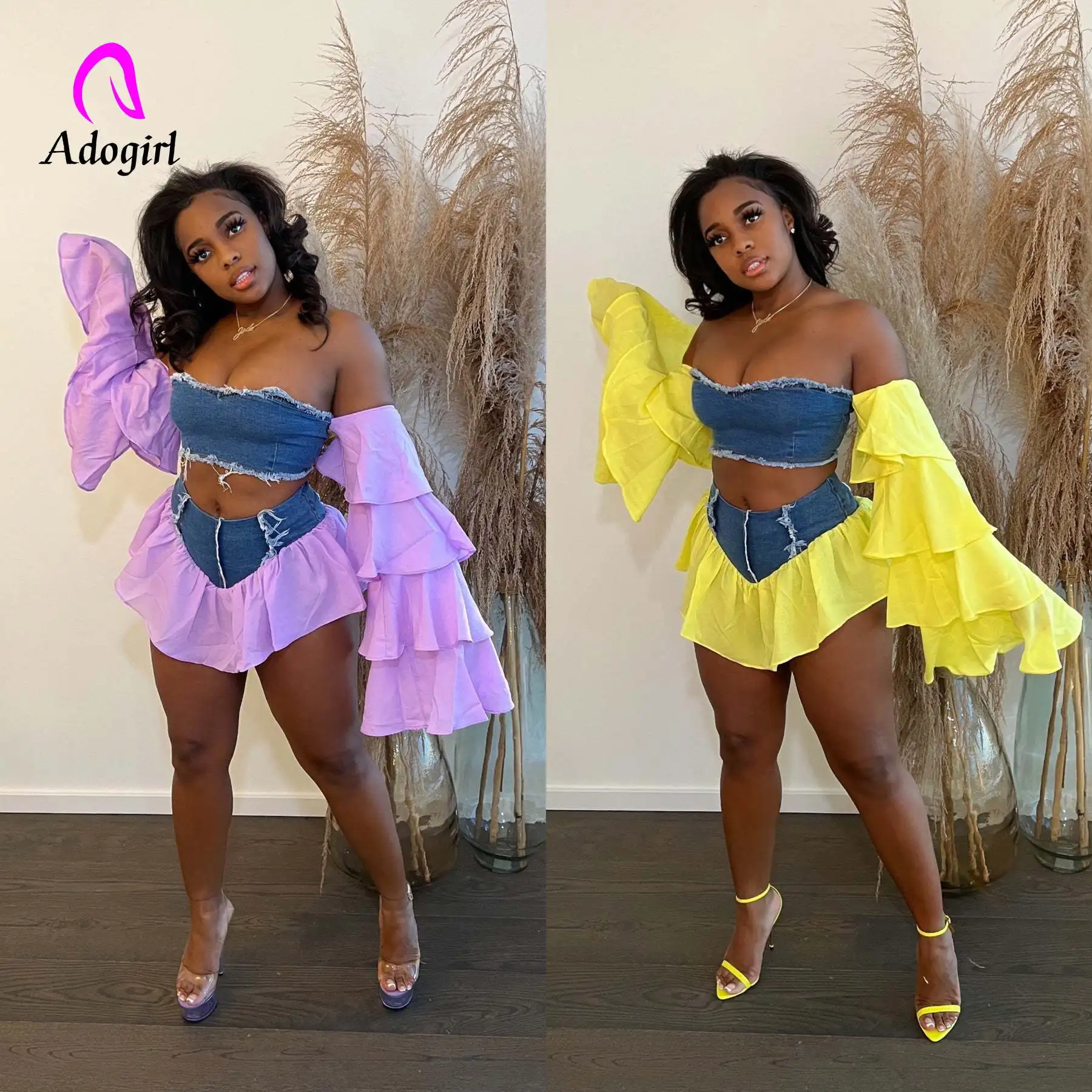 Ruffles Sleeve Women 2 Piece Set Off Shoulder Crop Top Denim Skirts Set 2022 Summer Beach Holiday Sexy Night Club Party Vestidos on the beach at night alone