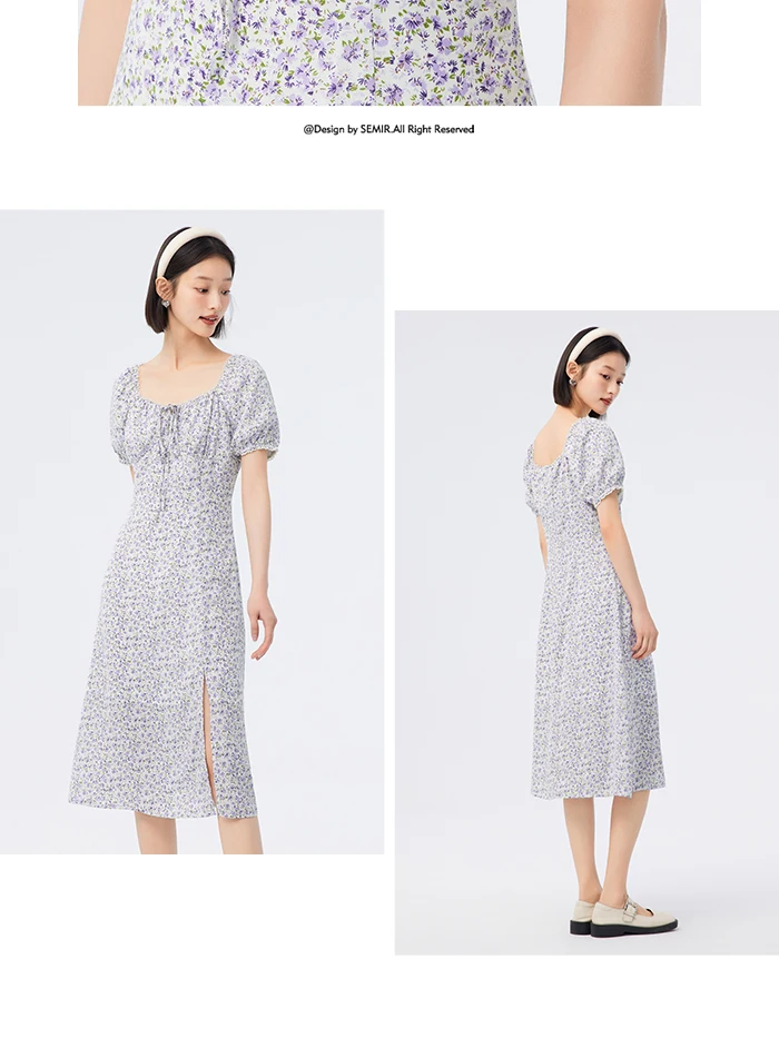 Vestido de gasa con abertura para mujer, romántico, nuevo, de verano, con cuello cuadrado Mori, vestido de té fragmentado.