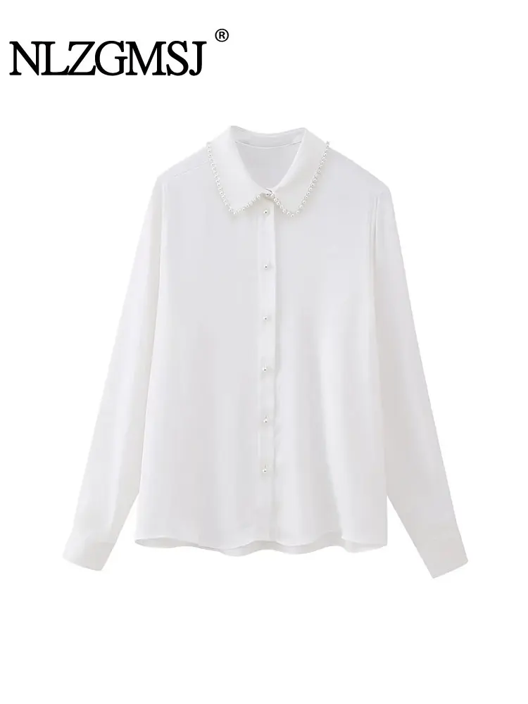 

TRAF 2023 Autumn Y2K White Women Casual Blouse Long Sleeve Single Breasted Faux Pearls Loose Shirt Elegant Female Top