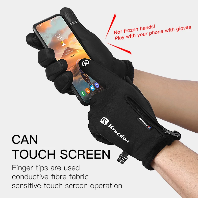 Autumn Winter Outdoor Sports Plush Insulation Touchscreen Skiing Cycling Cold Resistance Bicycle Motorbike Gloves Men Black 2