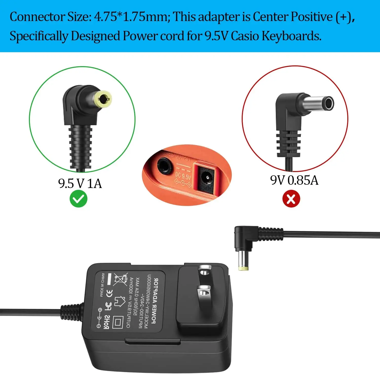 9.5V 1a Charger for Casio Keyboard ADE95100LU, 8.2Ft Extra Long Power Adapter Cord for SA-46 SA-47 SA-76 SA-77 SA-78 CTK-2080