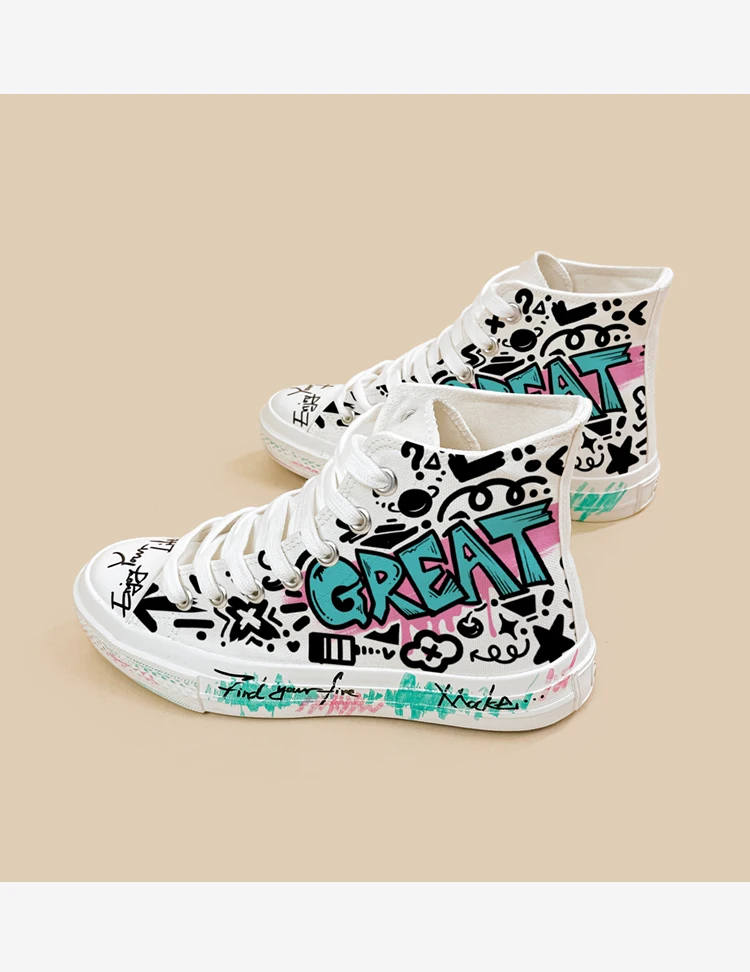Amy und Michael Original Design Mode trendige Damen Casual Sneakers handbemalte Graffiti Canvas Schuhe individueller High Top Schuh – Detail 9