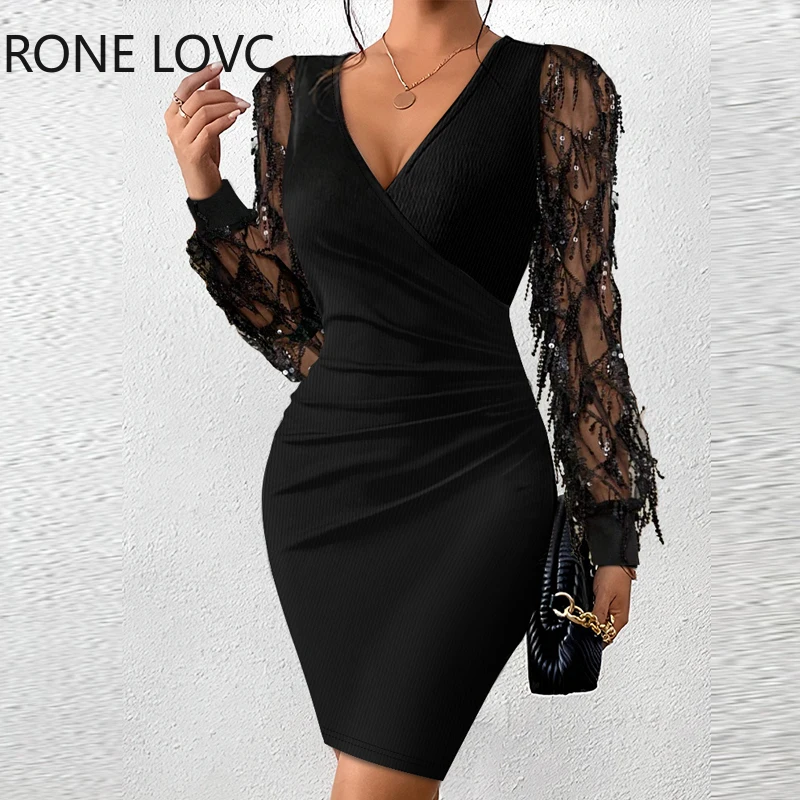 

Женское трикотажное облегающее платье с длинными рукавами, V-образным вырезом и блестками