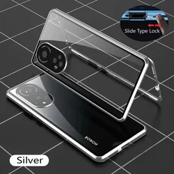 Premium Metal Magnetic Double - Sided Glass Snap Lock Phone Case - 360 Full Protection Cover - Honor 200 (Silver)