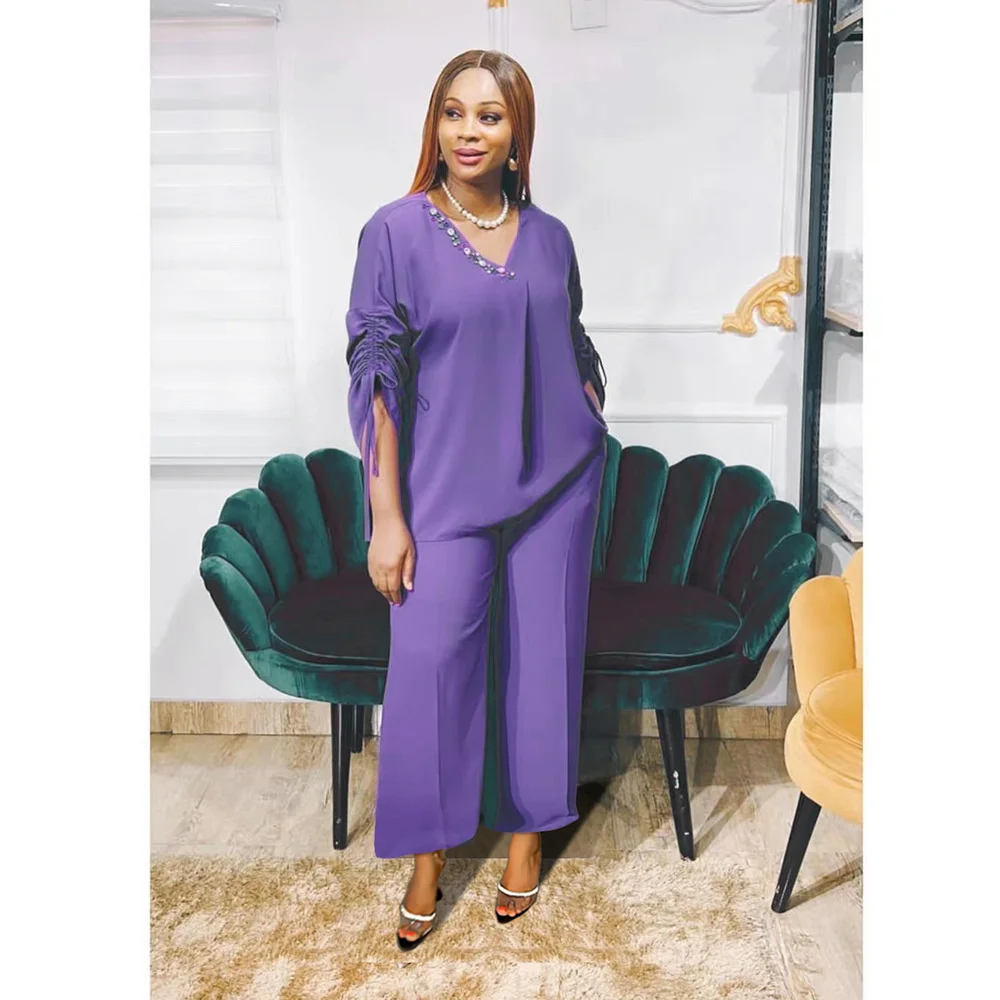 

Plus Size 2023 Fashion New V-neck Drawstring 3/4 Sleeve Nail Diamond Lace Up Top Elastic Waist Wide Leg Pants Solid Color Set