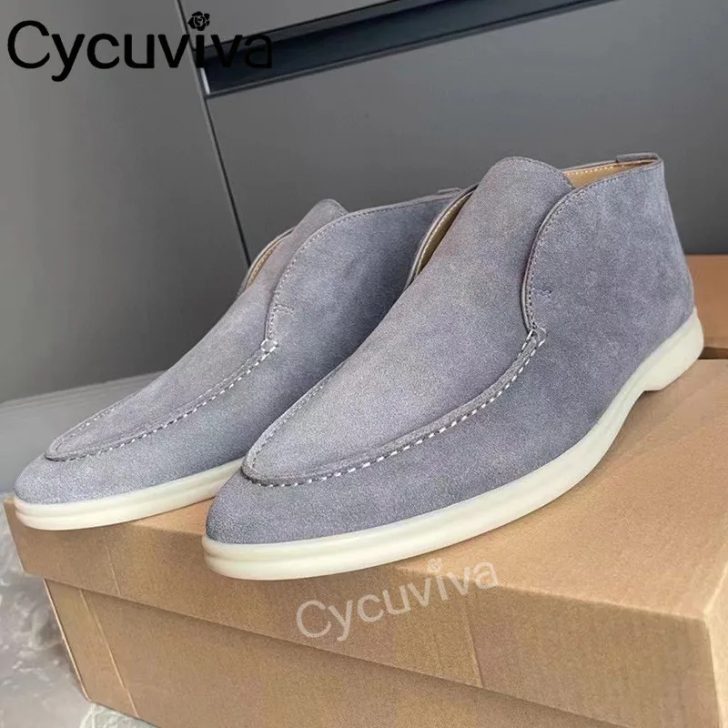 

High Quality Lazy Men Loafers Cow Suede Leather Flat Casual Shoes Male High Top Slip On Mules Round Toe Summer Walk Shoes Men