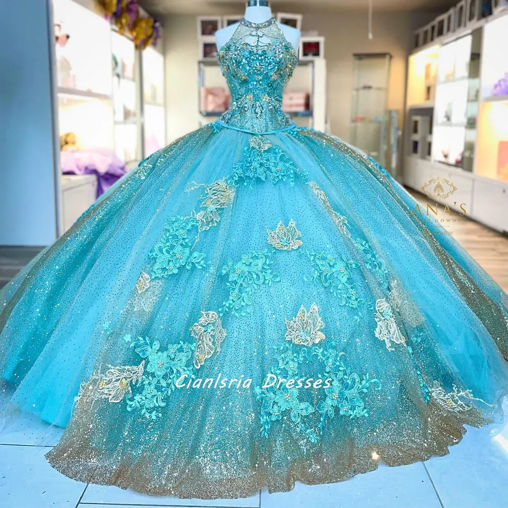 

Light Blue Halter Sparkly Crystal Ball Gown Quinceanera Dresses Illusion Appliques Lace Beading Corset For Sweet 15 Girls Party