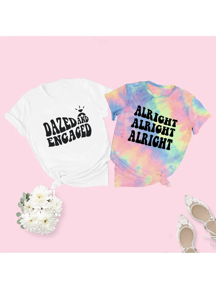 Y2k Aesthetic Summer Loose T-shirt Tie-Dye Bachelorette Party Shirts Dazed & Engaged Party Tops Vintage Wedding Tees Clothes