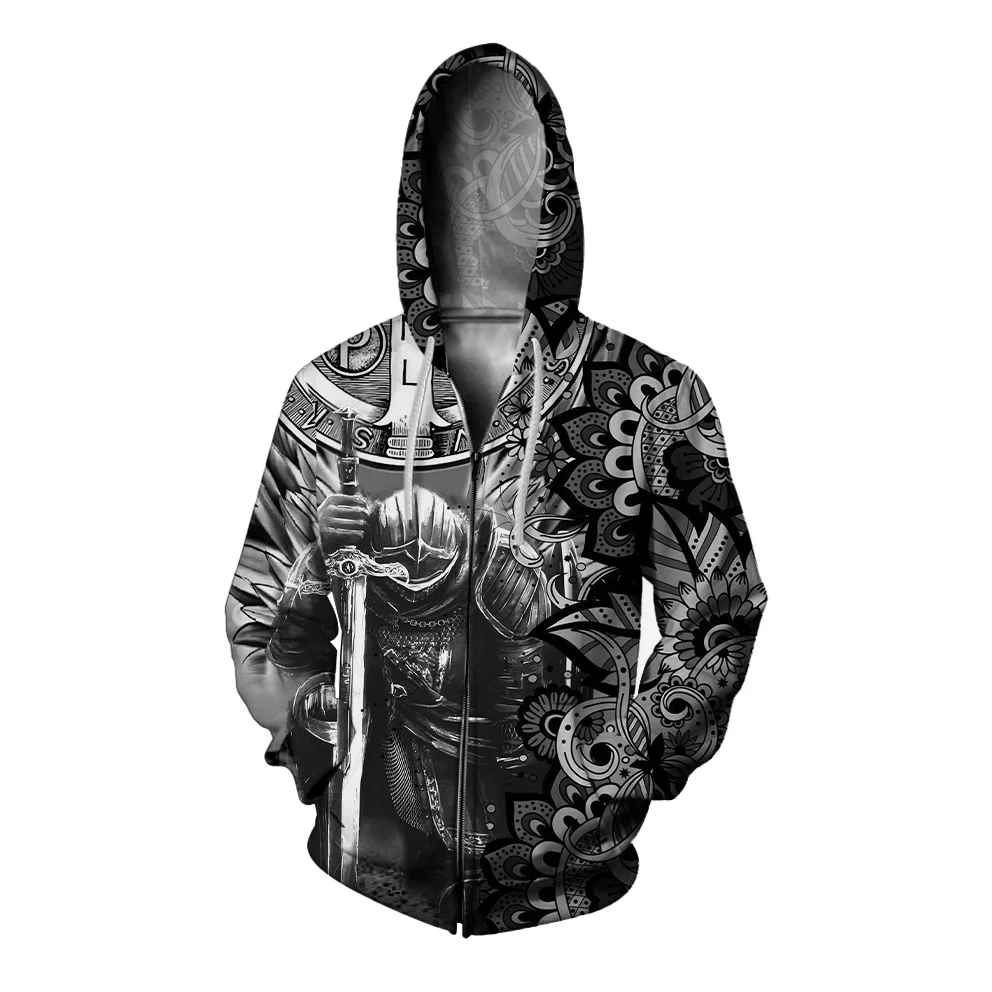 thumbnail image 1 of Sudadera con capucha de otoño para hombre, sudaderas con máscara para hombre, ropa Y2k, sudadera con capucha holgada y elegante con estampado de guerrero de armadura y cremallera, 1 of 5