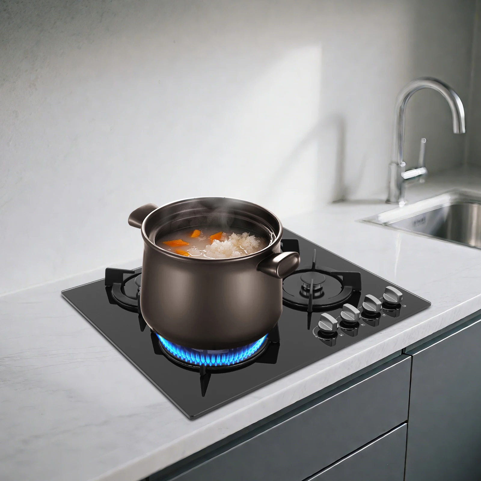 Modern Black 2/4 Burner Gas Cooktop with Toughened Glass Kitchen Countertop Stove Adjustable Firepower for Cooking