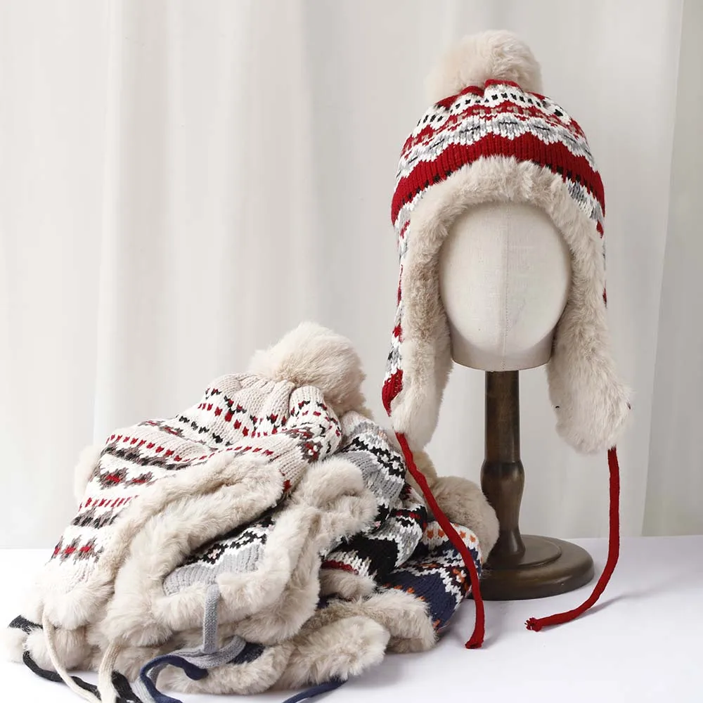 Winter Warm Bomber Hat Thermal Knitted Thick Fleece Earflap Hat Plush Windproof Women Winter Outdoor Travel Hiking Ski Hat