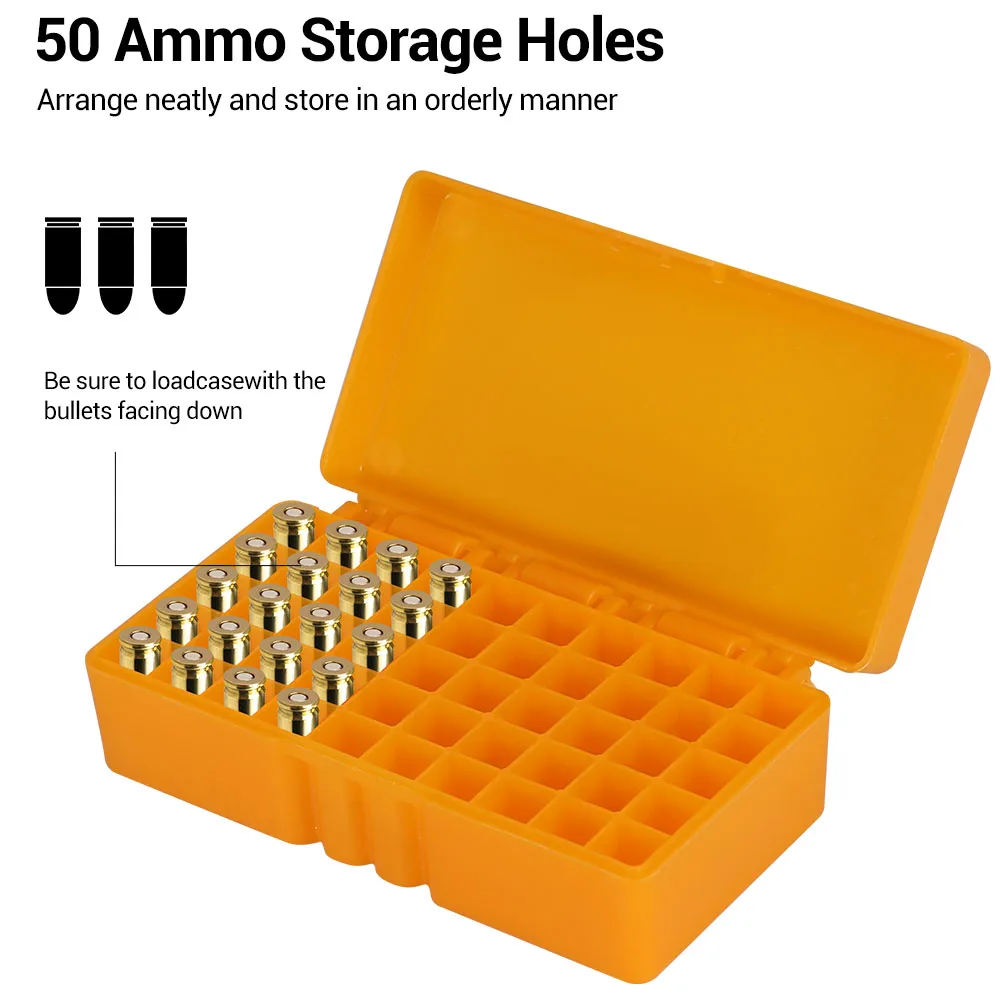 50 Rounds Tactical Ammo Box 9mm/.233 Pistol Rifle Cartridge Storage Box Shotgun Bullet Shell Holder Case for Airsoft Hunting