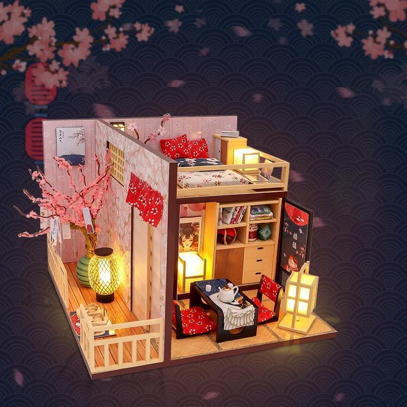 

New Diy Wooden Japanese Dollhouse Kit Assembled Miniature Furniture Light Cherry Blossoms Doll House Model Toys Christmas Gift