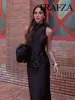 TRAFZA Female Summer Fashion Long Dress Solid O-Neck Sleeveless Hollow Out Button Belt Decoration Women New Elegant Dress 6