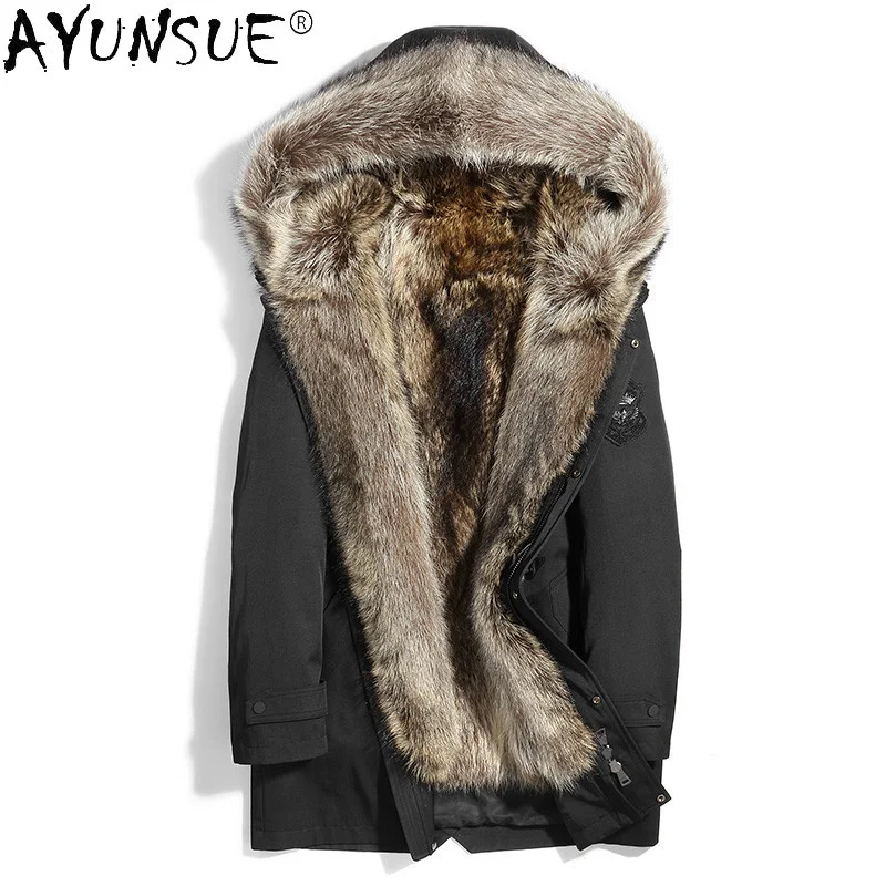 

Mid-length Parka Winter Jacket Men Clothing 100% Raccoon Fur Collar Coat Warm Hooded Jackets Chaquetas Hombre LXR986