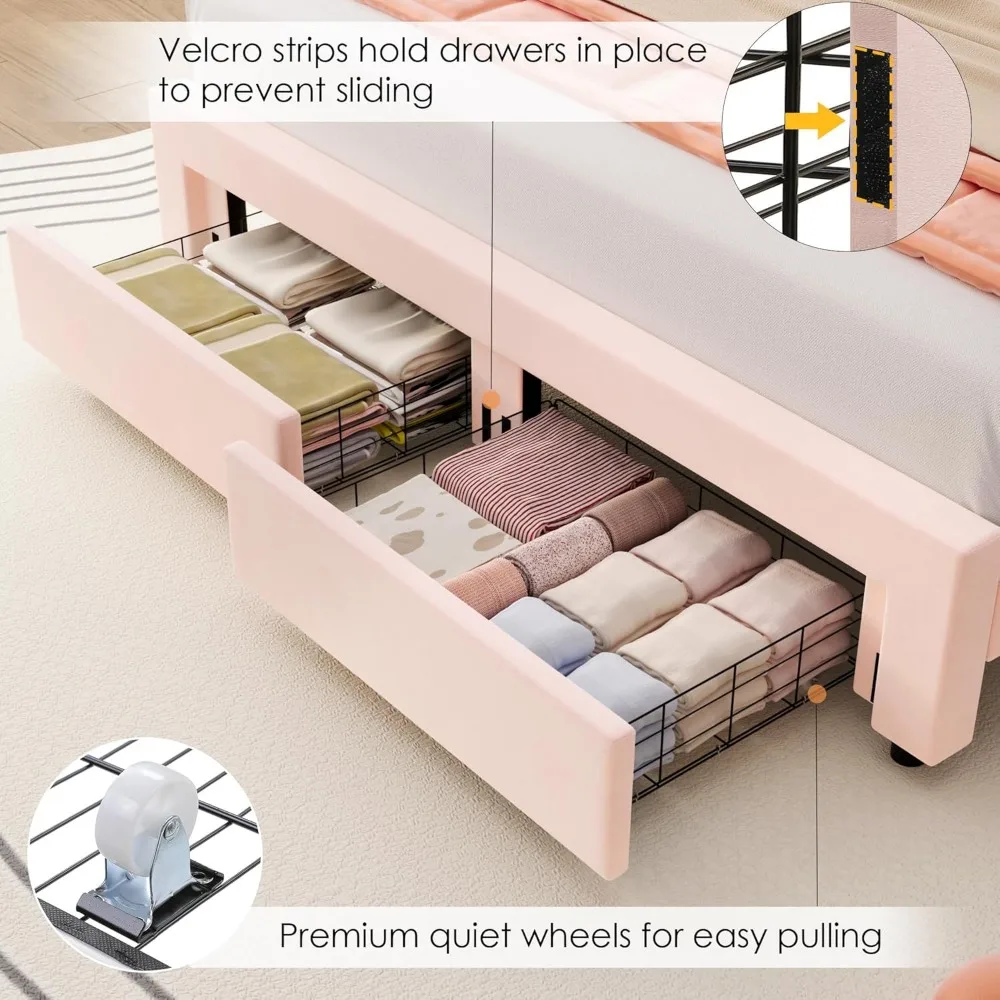 Queen Upholstered Smart LED Bed Frame with 2 Storage Drawers & Adjustable Headboard with Solid Wood Slat No Box Spring Needed