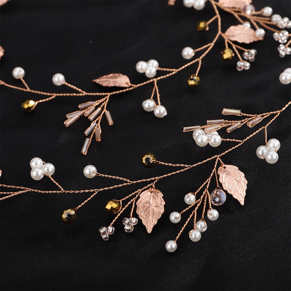Pearl Crystal Bridal Headband Vine Women Handmade Rose Gold Wedding Hair Accessories Party Leaf Bride Head Jewelry Headpiece