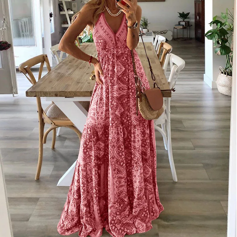 

Vintage Ethnic Print Long Dress Sexy Sleeveless Sling V-Neck Boho Robe Fashion Summer Beach Sundress Higt Waist Holiday Dress