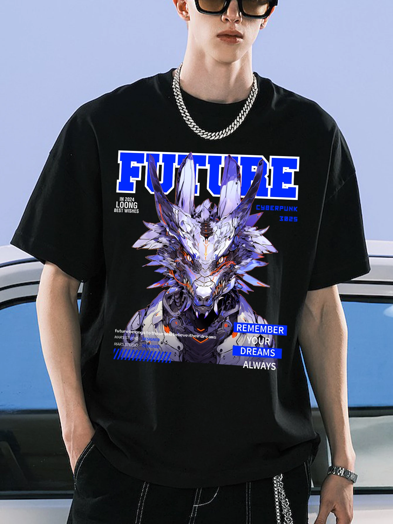 

2024 New Summer men's new casual short sleeves, 3D cyberpunk animal print dragon shape, fashion street top T-shirt