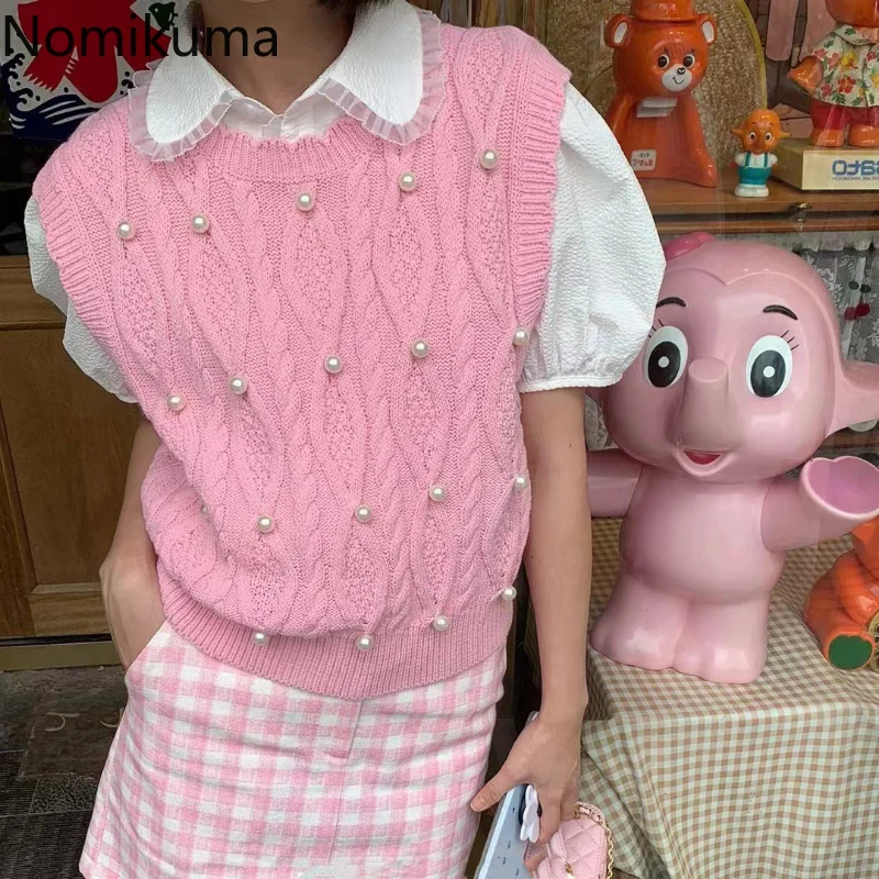 

Nomikuma Chaleco Mujer Autumn Winter Jacquard Heavy Beading Loose Knitted Soft Vest Women Sweet Fashion Preppy Women Sweater