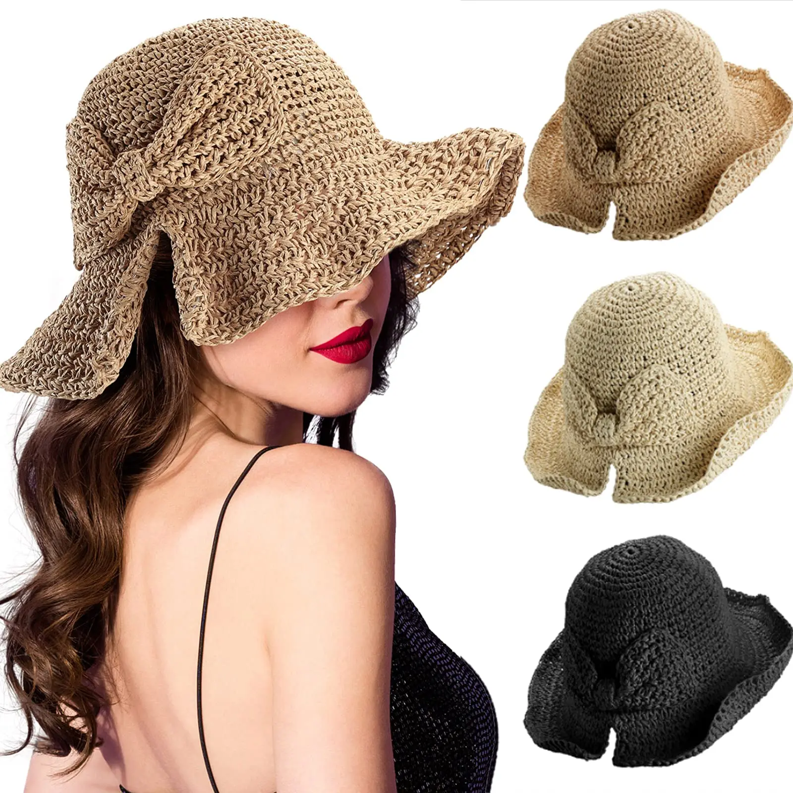 

2022 New Fashion Ladies Foldable Wide Brim Straw Hat Bow Floppy Sun Hats Summer Beach Cap for Women UV Protection Bonnet
