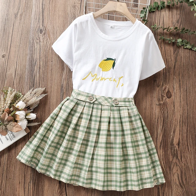 Kids Preppy Suits for Girls Summer Sets Baby Short Sleeve T-Shirt