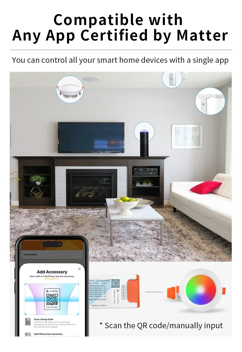 Matter Over WiFi Smart LED Downlight 15W RGB+CW Dimmable Ceiling Lamp Homekit Al