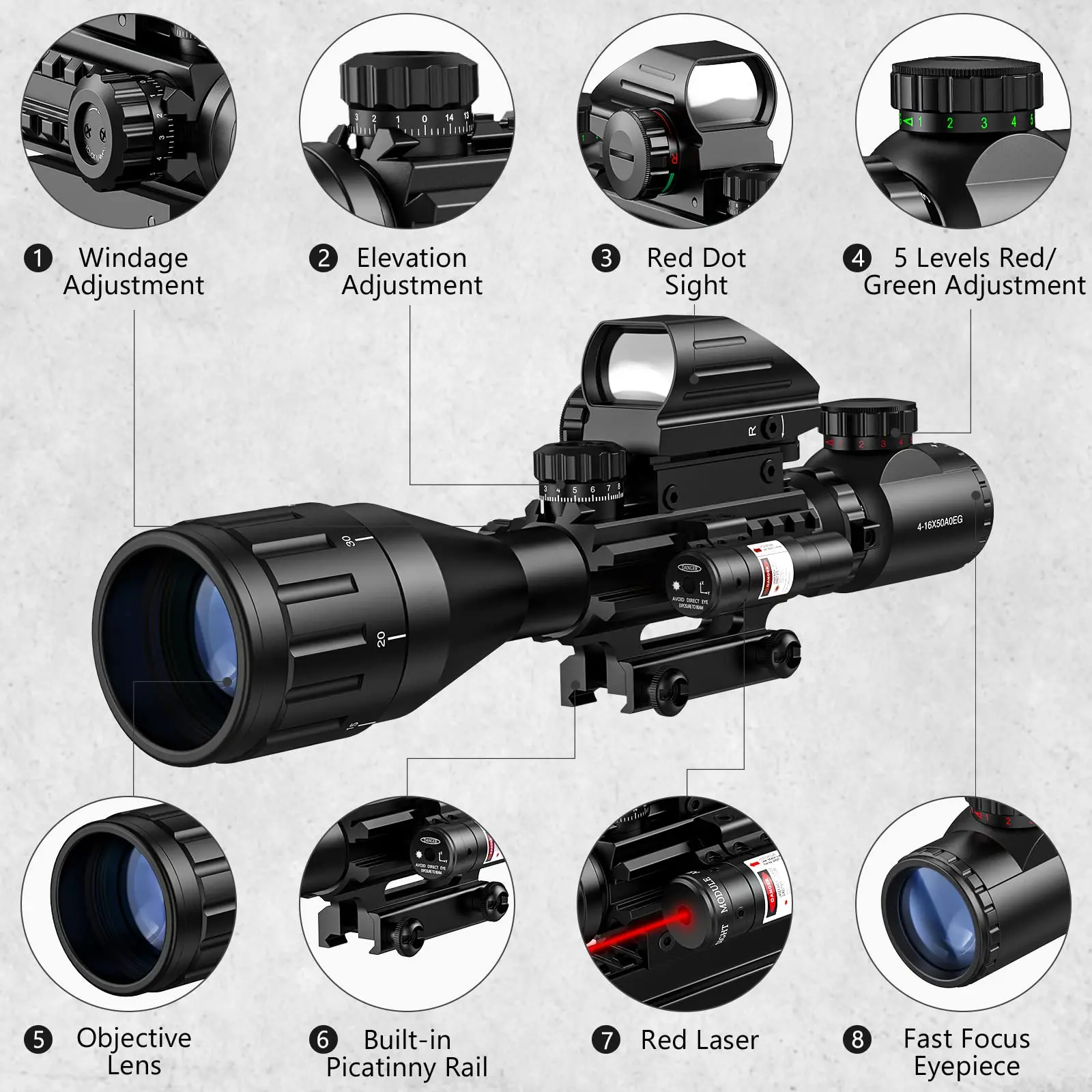 MidTen 4-16x50 AO Tactical Rifle Scope Dual Illuminated Rangefinder Optics 4 Holographic Reticle Red Dot Laser Sight